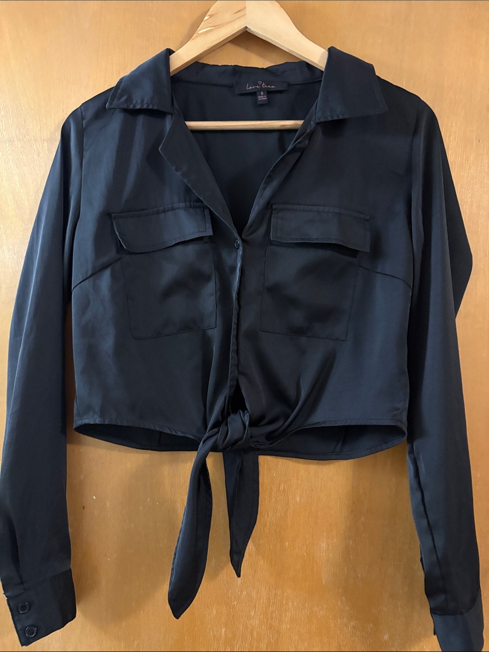 Love Tree Black Satin Tie-Front Button Down Shirt